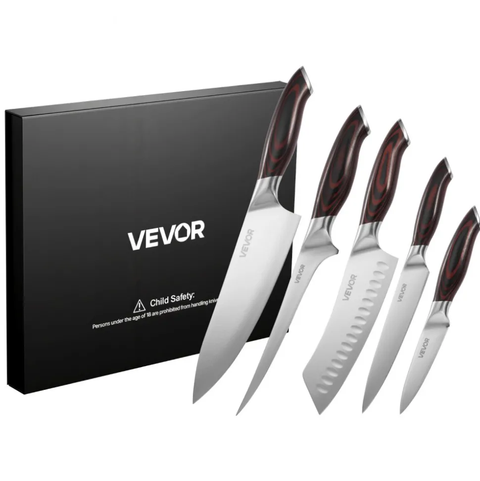 VEVOR Kitchen Knife Set, 5 Piece High Carbon Stainless Steel Sharp Knife Set, Durable and Rust-Resistant, Professional Kitchen Cutlery with Ergonomic Crack-Resistant Handle, for Precise Cutting