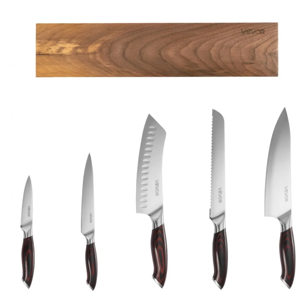 VEVOR Kitchen Knife Set, 6 Piece High Carbon Stainless Steel Sharp Knife Set, Professional Kitchen Cutlery with Ergonomic Crack-Resistant Handle, and Walnut Finish Powerful Magnetic Knives Holder