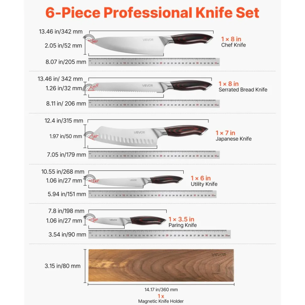 VEVOR Kitchen Knife Set, 6 Piece High Carbon Stainless Steel Sharp Knife Set, Professional Kitchen Cutlery with Ergonomic Crack-Resistant Handle, and Walnut Finish Powerful Magnetic Knives Holder
