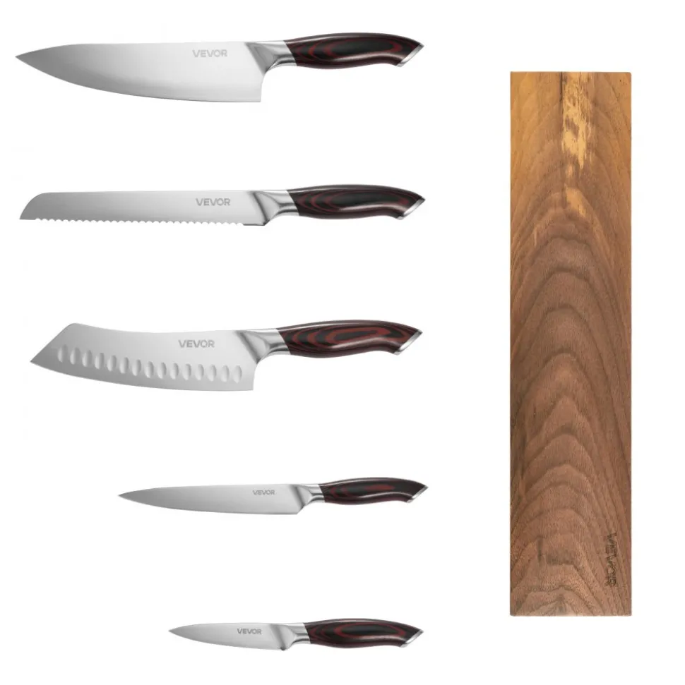 VEVOR Kitchen Knife Set, 6 Piece High Carbon Stainless Steel Sharp Knife Set, Professional Kitchen Cutlery with Ergonomic Crack-Resistant Handle, and Walnut Finish Powerful Magnetic Knives Holder