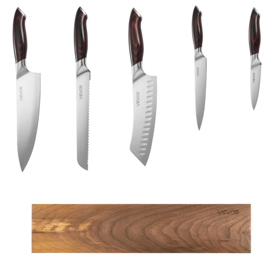 VEVOR Kitchen Knife Set, 6 Piece High Carbon Stainless Steel Sharp Knife Set, Professional Kitchen Cutlery with Ergonomic Crack-Resistant Handle, and Walnut Finish Powerful Magnetic Knives Holder