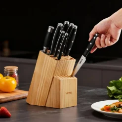 VEVOR Kitchen Knife Set with Block and Sharpener, 15 Piece High Carbon Stainless Steel Sharp Knife Set, Kitchen Cutlery with Ergonomic Handle, Sharpening Rod and Premium Wooden Block, for Home Cooks