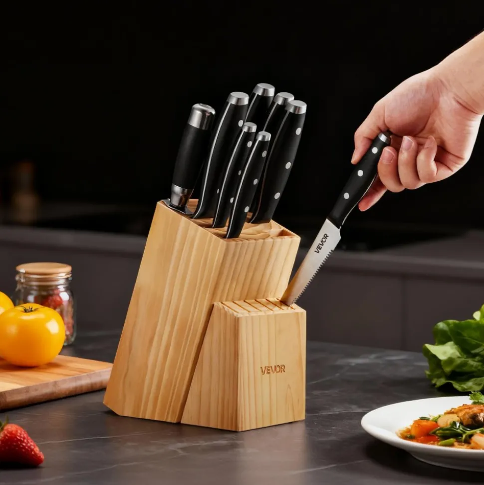VEVOR Kitchen Knife Set with Block and Sharpener, 15 Piece High Carbon Stainless Steel Sharp Knife Set, Kitchen Cutlery with Ergonomic Handle, Sharpening Rod and Premium Wooden Block, for Home Cooks