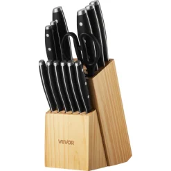 VEVOR Kitchen Knife Set with Block and Sharpener, 15 Piece High Carbon Stainless Steel Sharp Knife Set, Kitchen Cutlery with Ergonomic Handle, Sharpening Rod and Premium Wooden Block, for Home Cooks