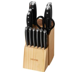 VEVOR Kitchen Knife Set with Block and Sharpener, 15 Piece High Carbon Stainless Steel Sharp Knife Set, Kitchen Cutlery with Ergonomic Handle, Sharpening Rod and Premium Wooden Block, for Home Cooks