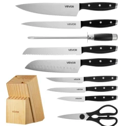 VEVOR Kitchen Knife Set with Block and Sharpener, 15 Piece High Carbon Stainless Steel Sharp Knife Set, Kitchen Cutlery with Ergonomic Handle, Sharpening Rod and Premium Wooden Block, for Home Cooks