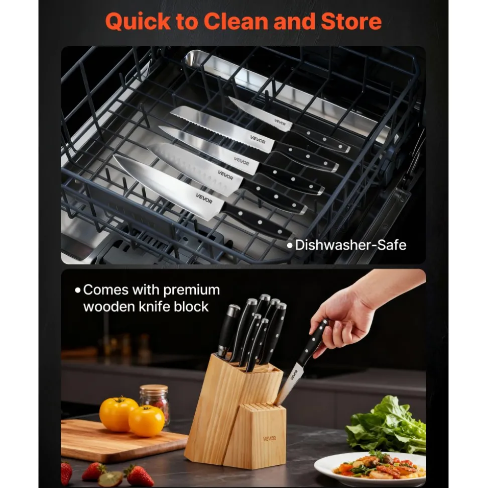 VEVOR Kitchen Knife Set with Block and Sharpener, 15 Piece High Carbon Stainless Steel Sharp Knife Set, Kitchen Cutlery with Ergonomic Handle, Sharpening Rod and Premium Wooden Block, for Home Cooks