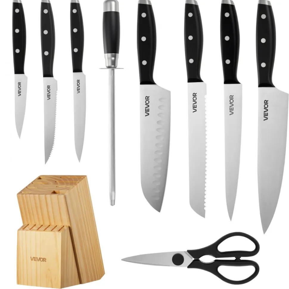 VEVOR Kitchen Knife Set with Block and Sharpener, 15 Piece High Carbon Stainless Steel Sharp Knife Set, Kitchen Cutlery with Ergonomic Handle, Sharpening Rod and Premium Wooden Block, for Home Cooks