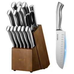 VEVOR Kitchen Knife Set with Block and Sharpener, 15 Piece German High Carbon Stainless Steel  Sharp Knife Set, Kitchen Cutlery with Ergonomic Handle, Sharpening Rod and Wooden Block, for Home Cooks