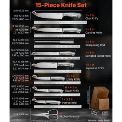 VEVOR Kitchen Knife Set with Block and Sharpener, 15 Piece German High Carbon Stainless Steel  Sharp Knife Set, Kitchen Cutlery with Ergonomic Handle, Sharpening Rod and Wooden Block, for Home Cooks
