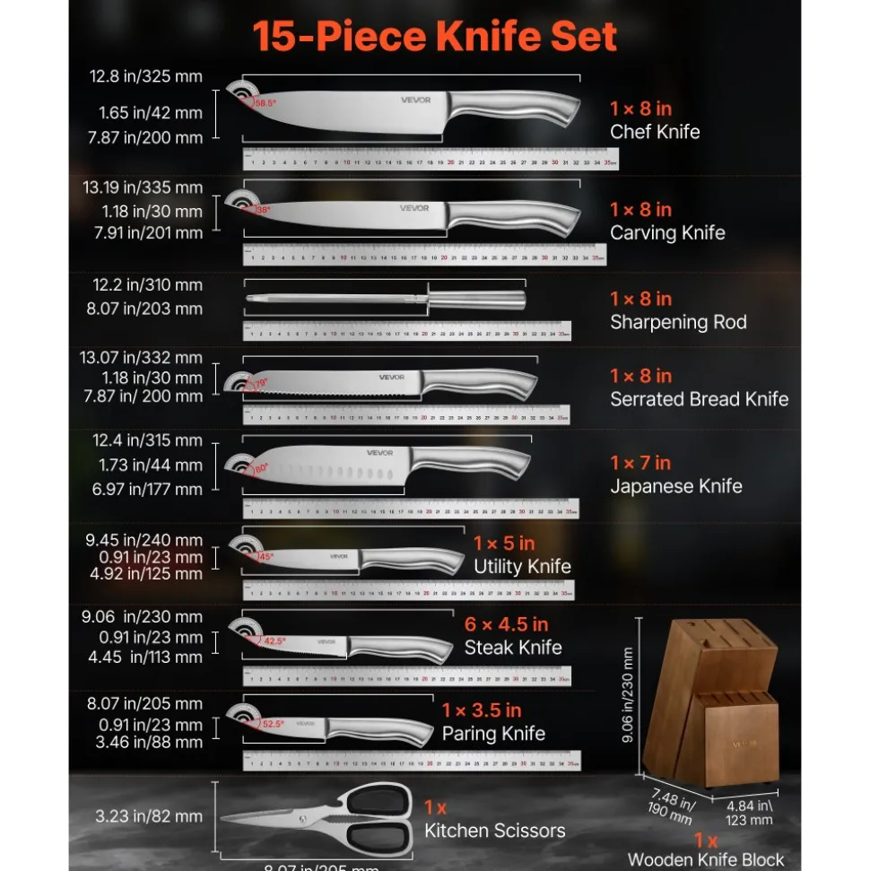 VEVOR Kitchen Knife Set with Block and Sharpener, 15 Piece German High Carbon Stainless Steel Sharp Knife Set, Kitchen Cutlery with Ergonomic Handle, Sharpening Rod and Wooden Block, for Home Cooks