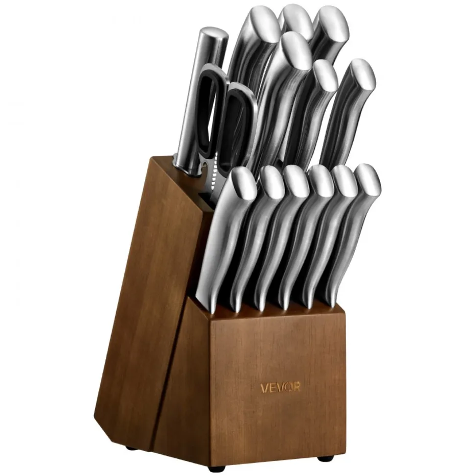 VEVOR Kitchen Knife Set with Block and Sharpener, 15 Piece German High Carbon Stainless Steel Sharp Knife Set, Kitchen Cutlery with Ergonomic Handle, Sharpening Rod and Wooden Block, for Home Cooks