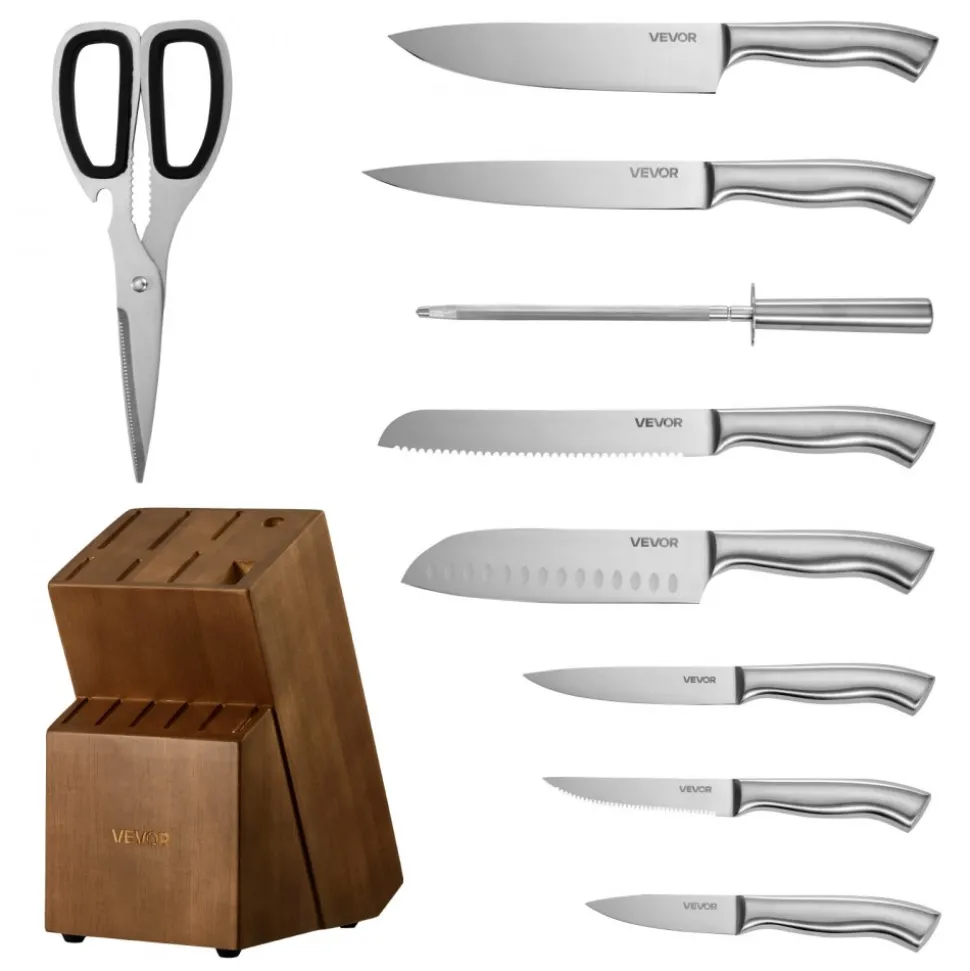 VEVOR Kitchen Knife Set with Block and Sharpener, 15 Piece German High Carbon Stainless Steel Sharp Knife Set, Kitchen Cutlery with Ergonomic Handle, Sharpening Rod and Wooden Block, for Home Cooks