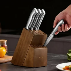 VEVOR Kitchen Knife Set with Block and Sharpener, 15 Piece German High Carbon Stainless Steel Sharp Knife Set, Kitchen Cutlery with Ergonomic Handle, Sharpening Rod and Wooden Block, for Home Cooks