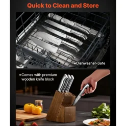 VEVOR Kitchen Knife Set with Block and Sharpener, 15 Piece German High Carbon Stainless Steel Sharp Knife Set, Kitchen Cutlery with Ergonomic Handle, Sharpening Rod and Wooden Block, for Home Cooks