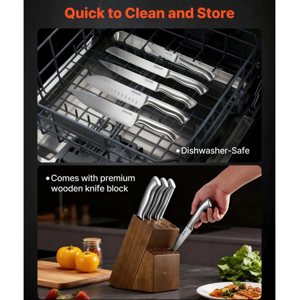VEVOR Kitchen Knife Set with Block and Sharpener, 15 Piece German High Carbon Stainless Steel Sharp Knife Set, Kitchen Cutlery with Ergonomic Handle, Sharpening Rod and Wooden Block, for Home Cooks