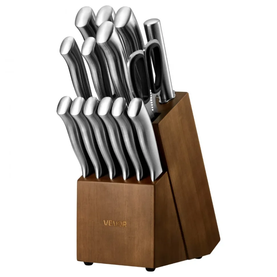 VEVOR Kitchen Knife Set with Block and Sharpener, 15 Piece German High Carbon Stainless Steel Sharp Knife Set, Kitchen Cutlery with Ergonomic Handle, Sharpening Rod and Wooden Block, for Home Cooks