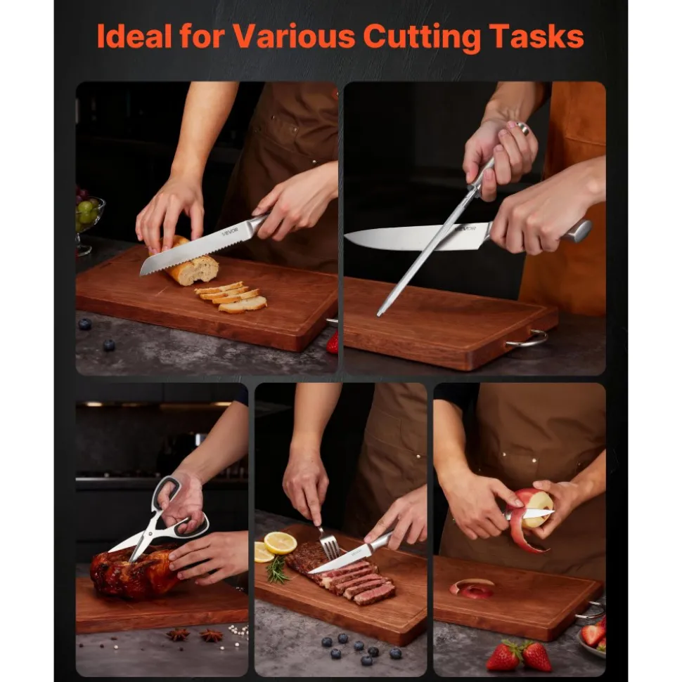 VEVOR Kitchen Knife Set with Block and Sharpener, 15 Piece German High Carbon Stainless Steel Sharp Knife Set, Kitchen Cutlery with Ergonomic Handle, Sharpening Rod and Wooden Block, for Home Cooks