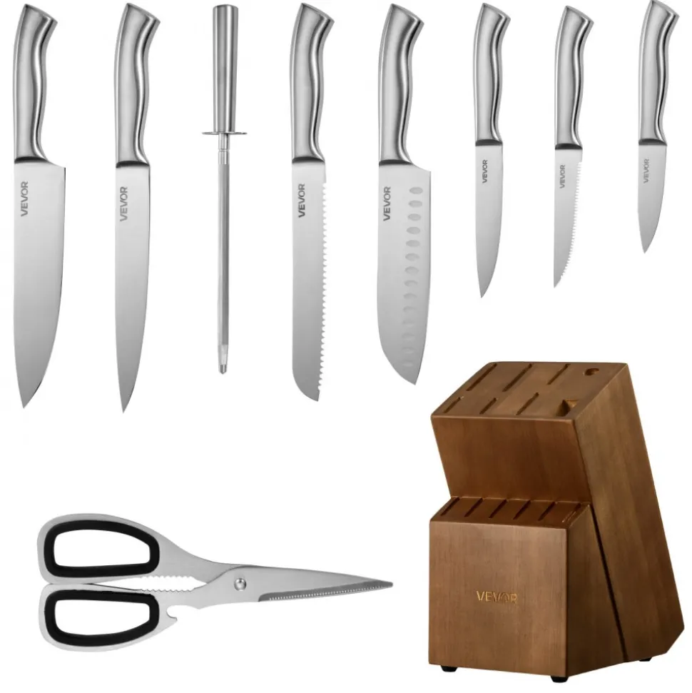 VEVOR Kitchen Knife Set with Block and Sharpener, 15 Piece German High Carbon Stainless Steel Sharp Knife Set, Kitchen Cutlery with Ergonomic Handle, Sharpening Rod and Wooden Block, for Home Cooks