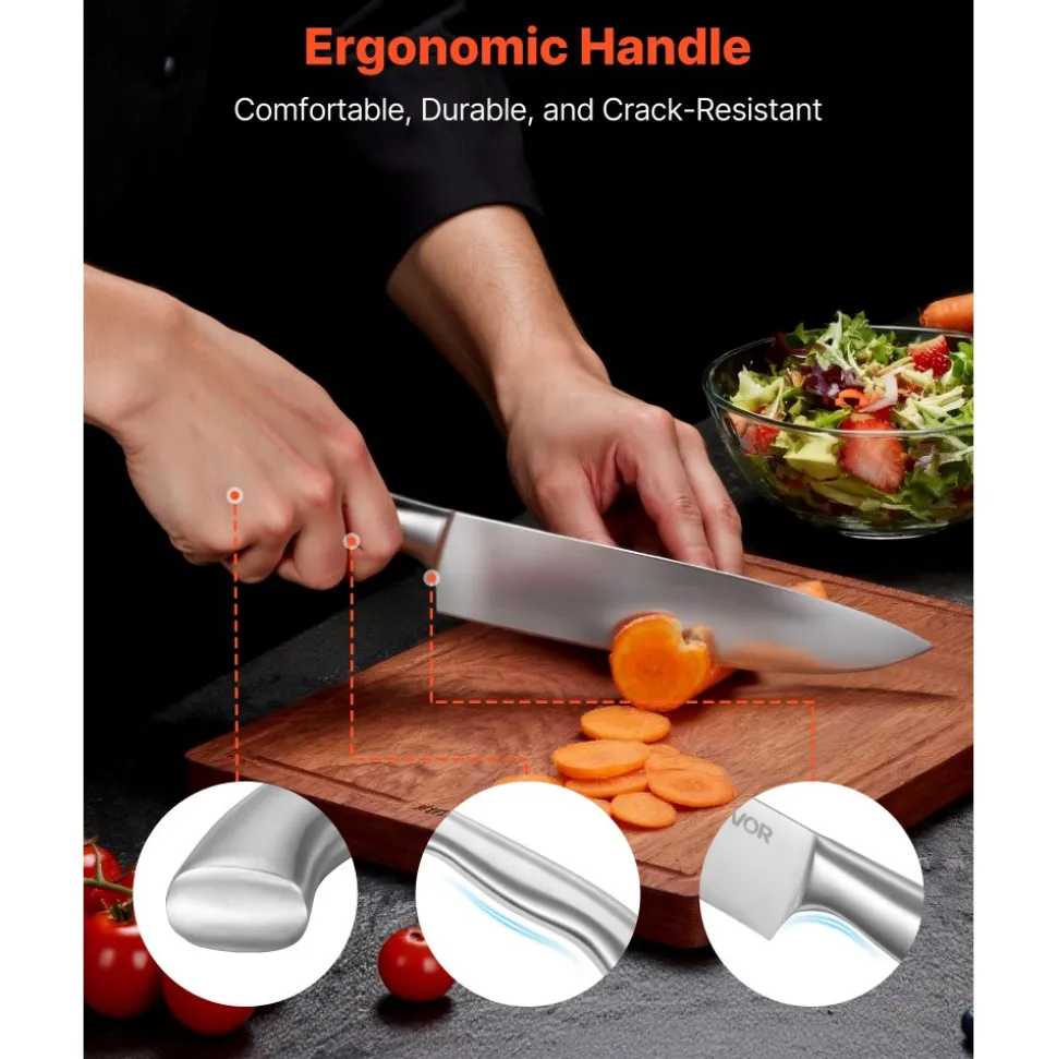 VEVOR Kitchen Knife Set with Block and Sharpener, 15 Piece German High Carbon Stainless Steel Sharp Knife Set, Kitchen Cutlery with Ergonomic Handle, Sharpening Rod and Wooden Block, for Home Cooks