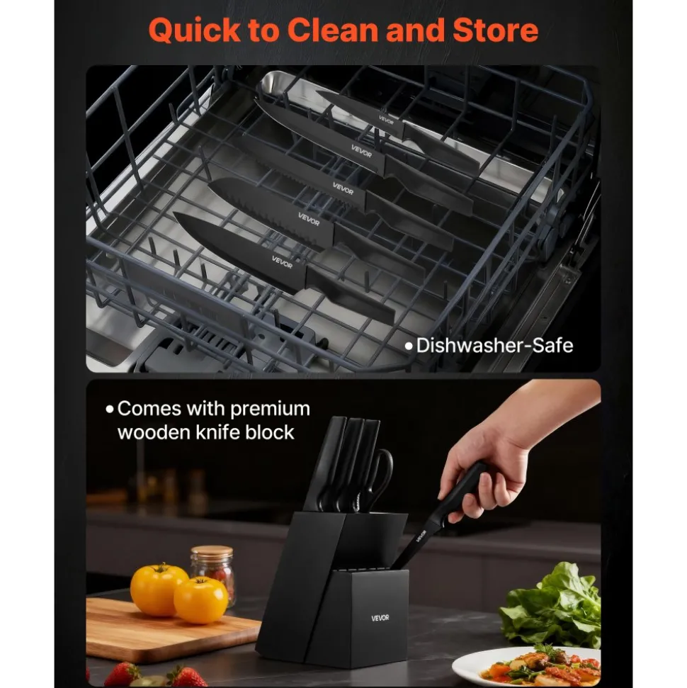 VEVOR Kitchen Knife Set with Block and Sharpener, 15 Piece German High Carbon Stainless Steel Knife Set, Kitchen Cutlery with PP Ergonomic Handle, Sharpening Rod and Wooden Block, for Home Cooks
