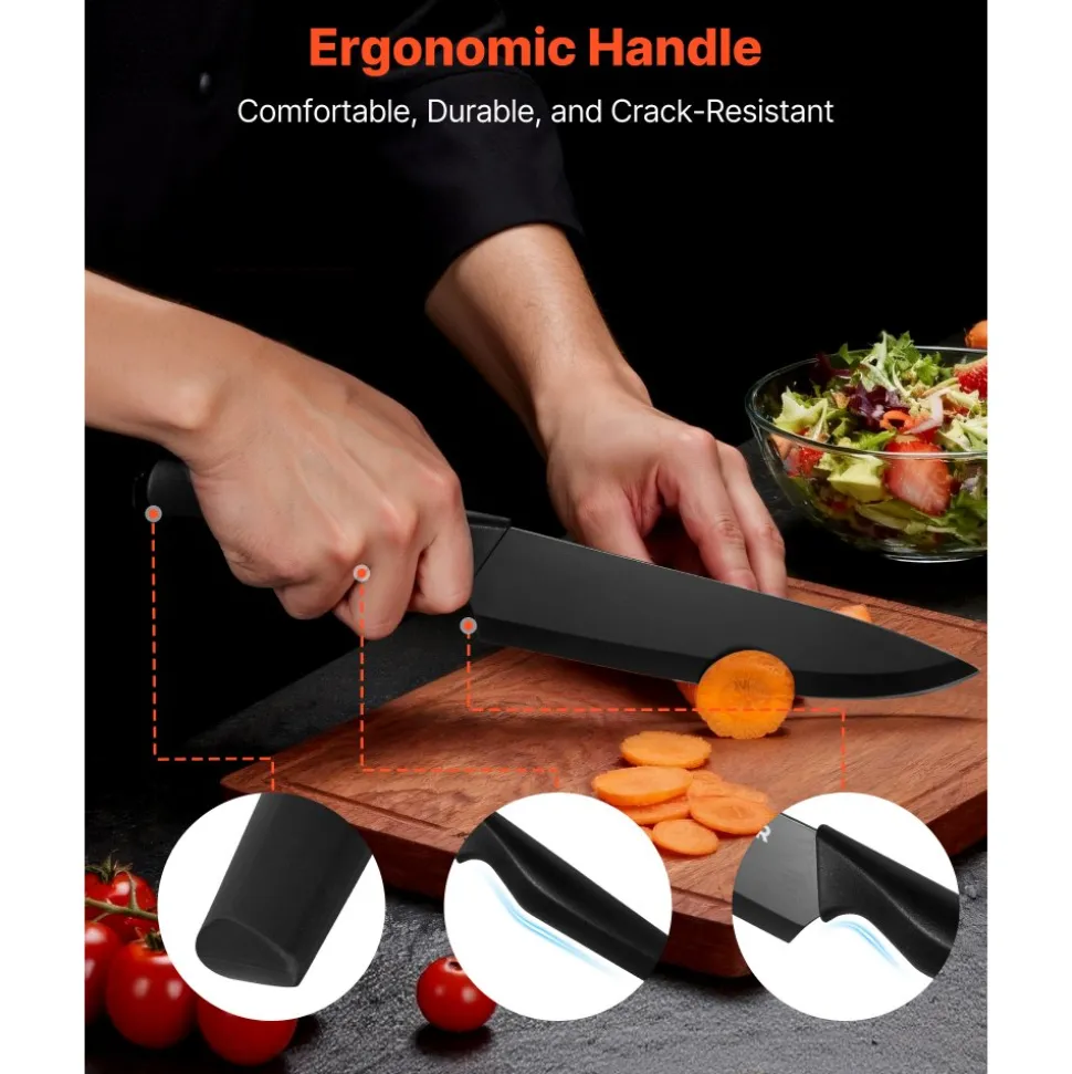 VEVOR Kitchen Knife Set with Block and Sharpener, 15 Piece German High Carbon Stainless Steel Knife Set, Kitchen Cutlery with PP Ergonomic Handle, Sharpening Rod and Wooden Block, for Home Cooks