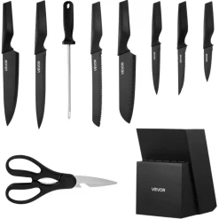 VEVOR Kitchen Knife Set with Block and Sharpener, 15 Piece German High Carbon Stainless Steel Knife Set, Kitchen Cutlery with PP Ergonomic Handle, Sharpening Rod and Wooden Block, for Home Cooks