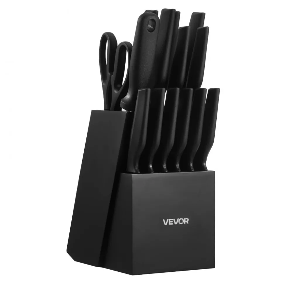 VEVOR Kitchen Knife Set with Block and Sharpener, 15 Piece German High Carbon Stainless Steel Knife Set, Kitchen Cutlery with PP Ergonomic Handle, Sharpening Rod and Wooden Block, for Home Cooks
