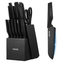 VEVOR Kitchen Knife Set with Block and Sharpener, 15 Piece German High Carbon Stainless Steel Knife Set, Kitchen Cutlery with PP Ergonomic Handle, Sharpening Rod and Wooden Block, for Home Cooks