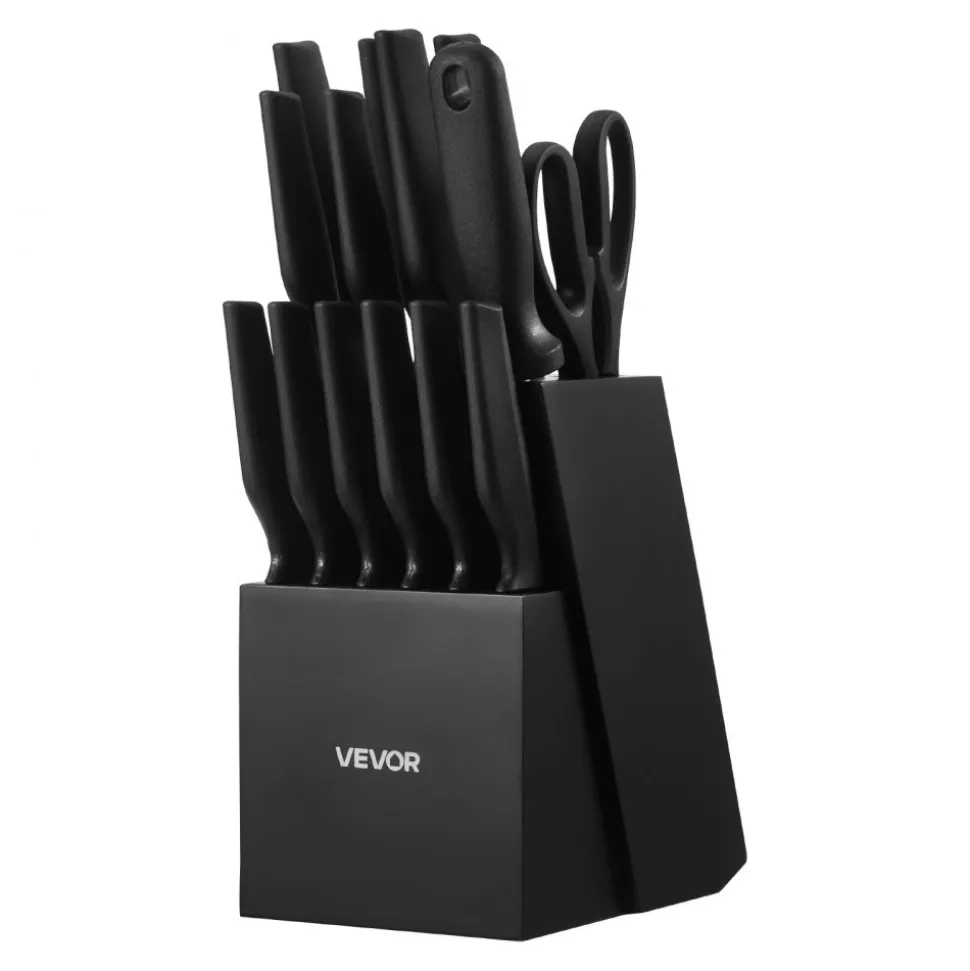 VEVOR Kitchen Knife Set with Block and Sharpener, 15 Piece German High Carbon Stainless Steel Knife Set, Kitchen Cutlery with PP Ergonomic Handle, Sharpening Rod and Wooden Block, for Home Cooks