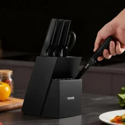VEVOR Kitchen Knife Set with Block and Sharpener, 15 Piece German High Carbon Stainless Steel Knife Set, Kitchen Cutlery with PP Ergonomic Handle, Sharpening Rod and Wooden Block, for Home Cooks