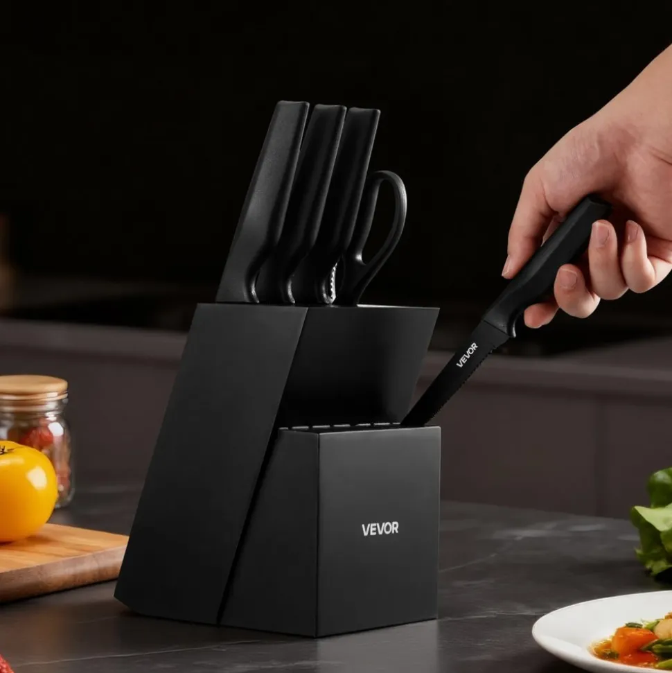 VEVOR Kitchen Knife Set with Block and Sharpener, 15 Piece German High Carbon Stainless Steel Knife Set, Kitchen Cutlery with PP Ergonomic Handle, Sharpening Rod and Wooden Block, for Home Cooks