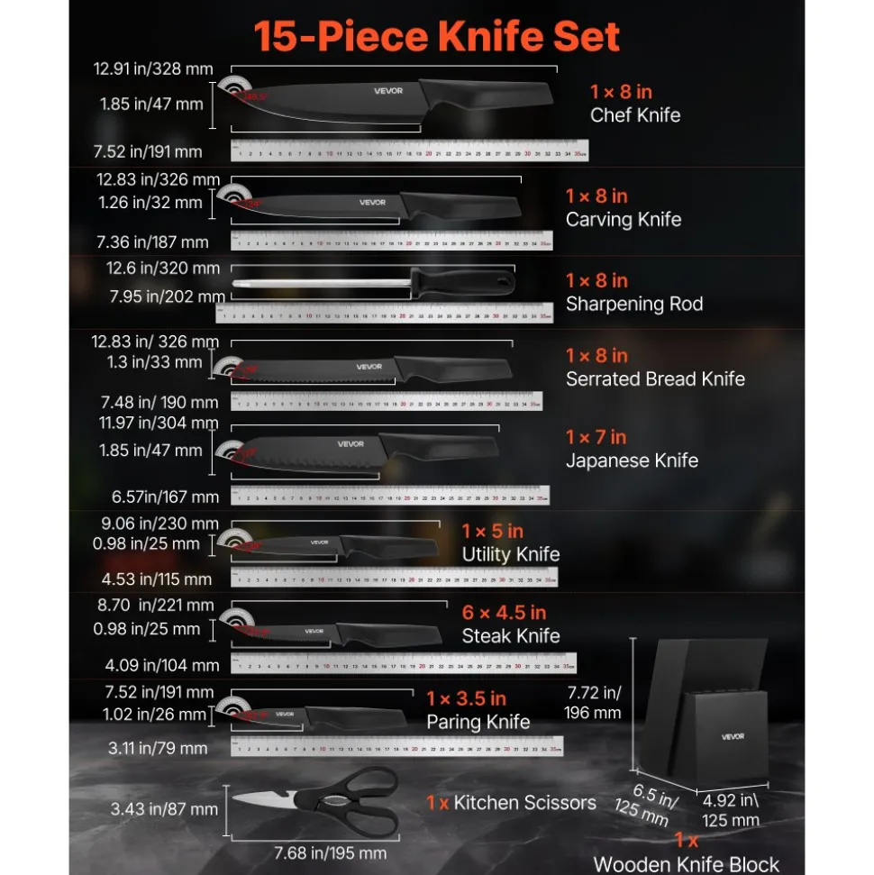 VEVOR Kitchen Knife Set with Block and Sharpener, 15 Piece German High Carbon Stainless Steel Knife Set, Kitchen Cutlery with PP Ergonomic Handle, Sharpening Rod and Wooden Block, for Home Cooks