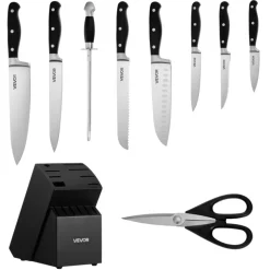 VEVOR Kitchen Knife Set with Block and Sharpener, 15 Piece High Carbon Stainless Steel Sharp Knife Set, Kitchen Cutlery with Crack-Resistant Handle, Sharpening Rod and Wooden Block, for Home Cooks