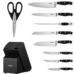 VEVOR Kitchen Knife Set with Block and Sharpener, 15 Piece High Carbon Stainless Steel Sharp Knife Set, Kitchen Cutlery with Crack-Resistant Handle, Sharpening Rod and Wooden Block, for Home Cooks
