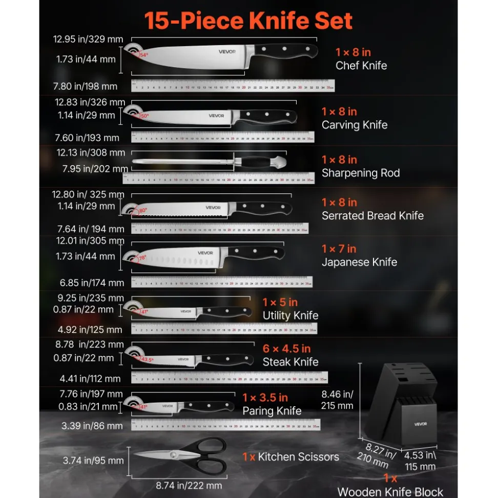 VEVOR Kitchen Knife Set with Block and Sharpener, 15 Piece High Carbon Stainless Steel Sharp Knife Set, Kitchen Cutlery with Crack-Resistant Handle, Sharpening Rod and Wooden Block, for Home Cooks