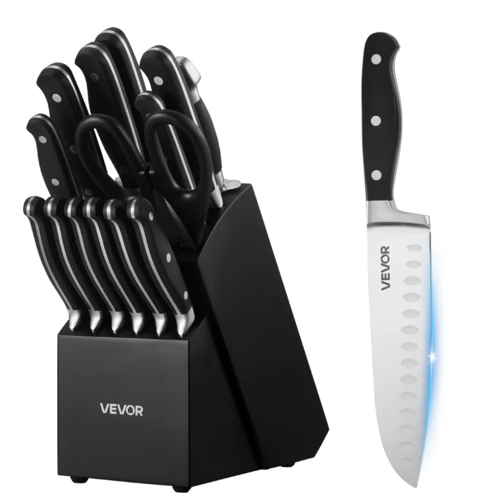 VEVOR Kitchen Knife Set with Block and Sharpener, 15 Piece High Carbon Stainless Steel Sharp Knife Set, Kitchen Cutlery with Crack-Resistant Handle, Sharpening Rod and Wooden Block, for Home Cooks