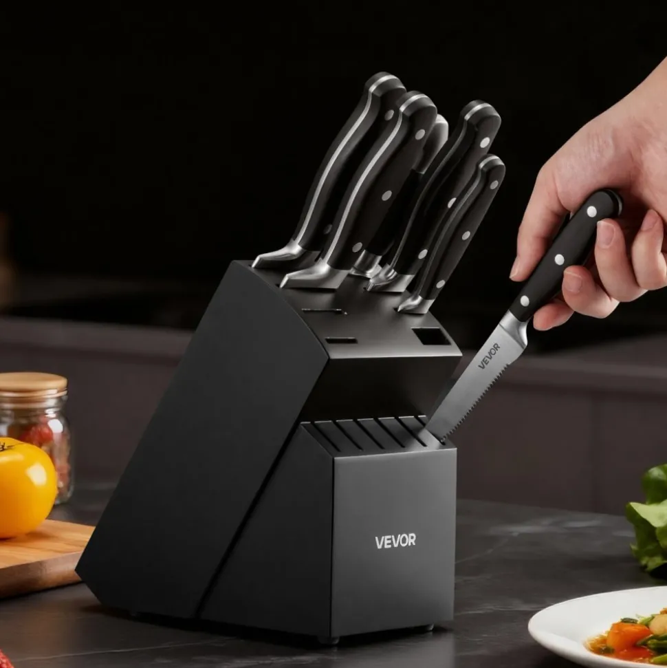 VEVOR Kitchen Knife Set with Block and Sharpener, 15 Piece High Carbon Stainless Steel Sharp Knife Set, Kitchen Cutlery with Crack-Resistant Handle, Sharpening Rod and Wooden Block, for Home Cooks