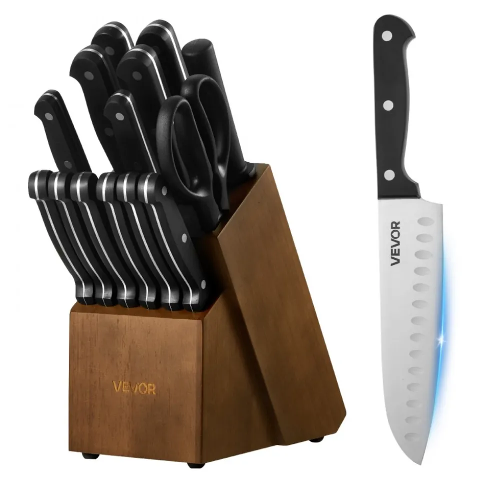 VEVOR Kitchen Knife Set with Block and Sharpener, 15 Piece German High Carbon Stainless Steel Knife Set, Kitchen Cutlery with ABS Ergonomic Handle, Sharpening Rod and Wooden Block, for Home Cooks