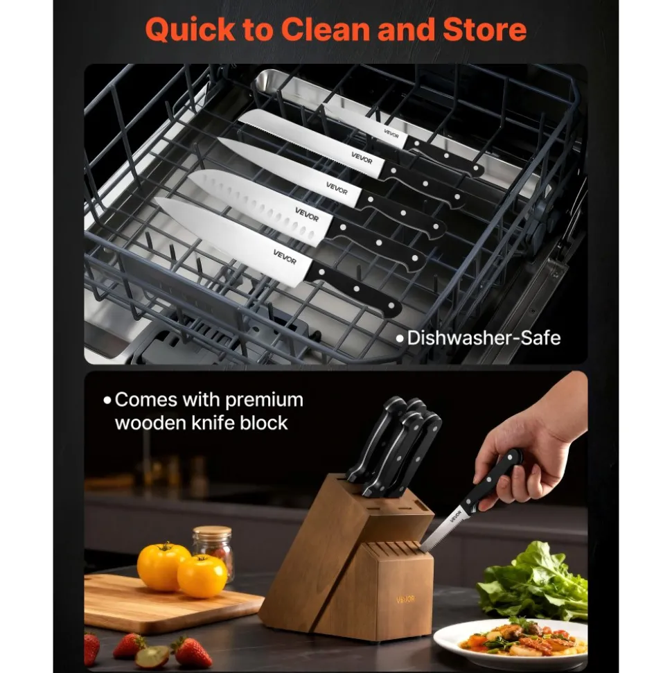 VEVOR Kitchen Knife Set with Block and Sharpener, 15 Piece German High Carbon Stainless Steel Knife Set, Kitchen Cutlery with ABS Ergonomic Handle, Sharpening Rod and Wooden Block, for Home Cooks