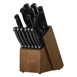 VEVOR Kitchen Knife Set with Block and Sharpener, 15 Piece German High Carbon Stainless Steel Knife Set, Kitchen Cutlery with ABS Ergonomic Handle, Sharpening Rod and Wooden Block, for Home Cooks