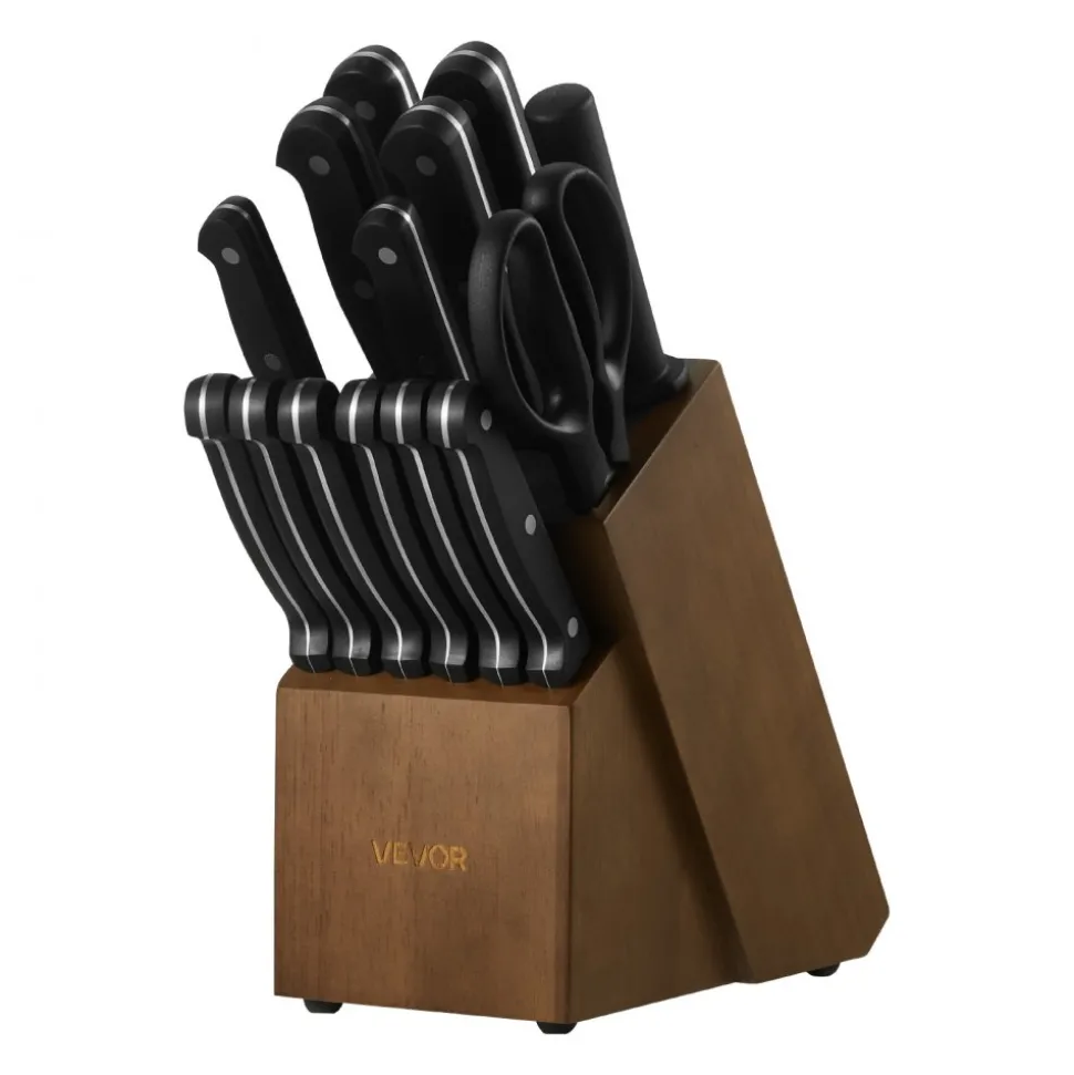 VEVOR Kitchen Knife Set with Block and Sharpener, 15 Piece German High Carbon Stainless Steel Knife Set, Kitchen Cutlery with ABS Ergonomic Handle, Sharpening Rod and Wooden Block, for Home Cooks