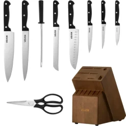 VEVOR Kitchen Knife Set with Block and Sharpener, 15 Piece German High Carbon Stainless Steel Knife Set, Kitchen Cutlery with ABS Ergonomic Handle, Sharpening Rod and Wooden Block, for Home Cooks