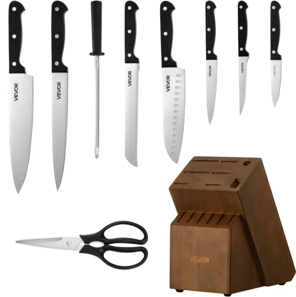 VEVOR Kitchen Knife Set with Block and Sharpener, 15 Piece German High Carbon Stainless Steel Knife Set, Kitchen Cutlery with ABS Ergonomic Handle, Sharpening Rod and Wooden Block, for Home Cooks