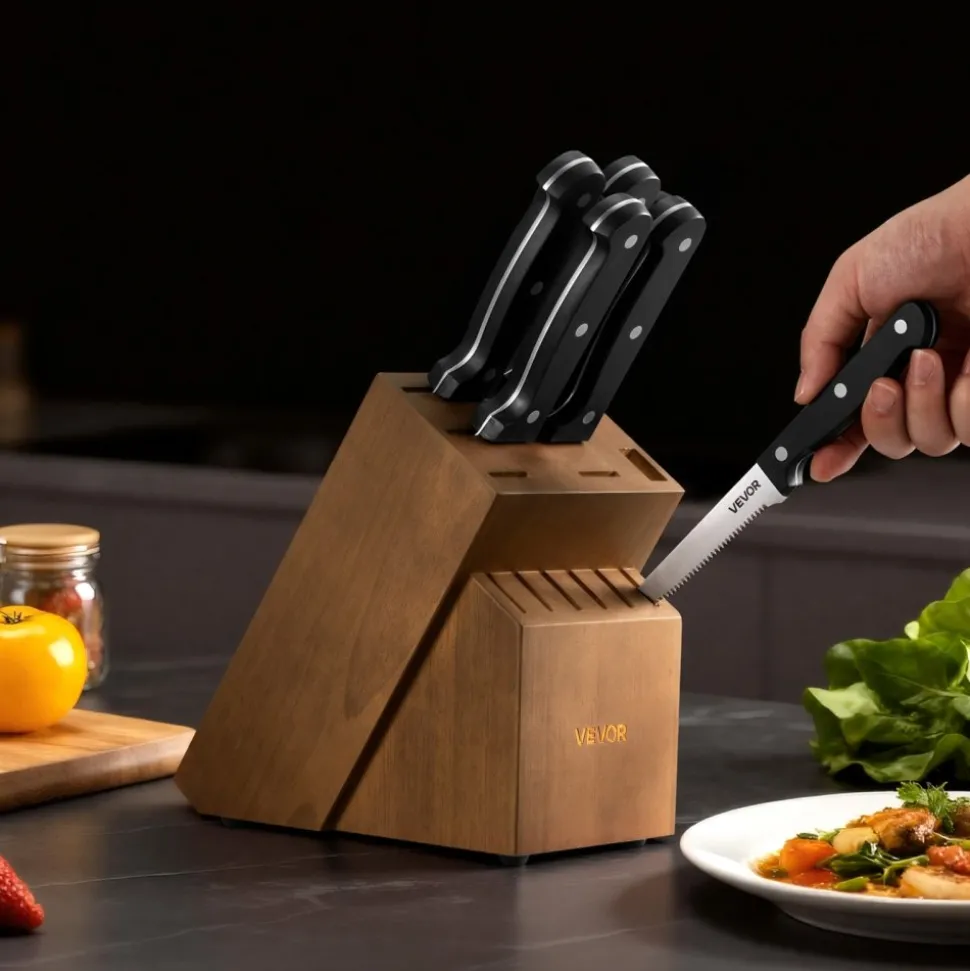 VEVOR Kitchen Knife Set with Block and Sharpener, 15 Piece German High Carbon Stainless Steel Knife Set, Kitchen Cutlery with ABS Ergonomic Handle, Sharpening Rod and Wooden Block, for Home Cooks