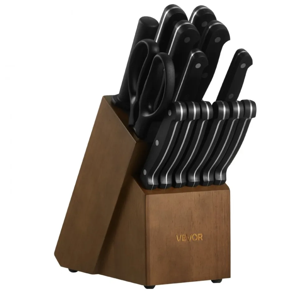 VEVOR Kitchen Knife Set with Block and Sharpener, 15 Piece German High Carbon Stainless Steel Knife Set, Kitchen Cutlery with ABS Ergonomic Handle, Sharpening Rod and Wooden Block, for Home Cooks