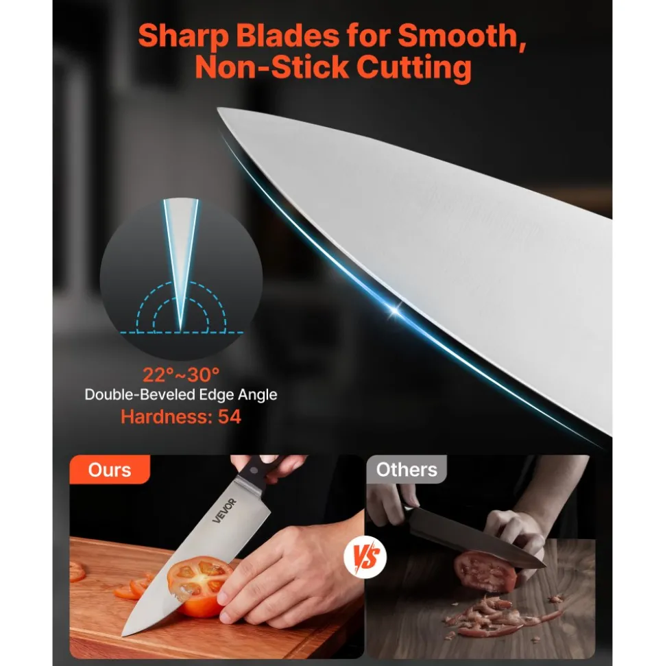 VEVOR Kitchen Knife Set with Block and Sharpener, 15 Piece German High Carbon Stainless Steel Knife Set, Kitchen Cutlery with ABS Ergonomic Handle, Sharpening Rod and Wooden Block, for Home Cooks