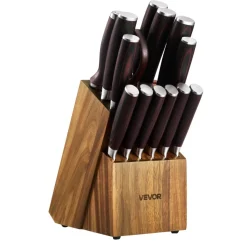 VEVOR Kitchen Knife Set with Block and Sharpener, 15 Piece High Carbon Stainless Steel Knife Set, Rust-Resistant Kitchen Cutlery with Ergonomic Handle, Sharpening Rod & Premium Wooden Block, for Home