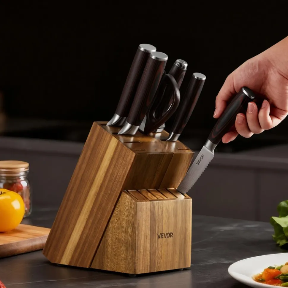 VEVOR Kitchen Knife Set with Block and Sharpener, 15 Piece High Carbon Stainless Steel Knife Set, Rust-Resistant Kitchen Cutlery with Ergonomic Handle, Sharpening Rod & Premium Wooden Block, for Home