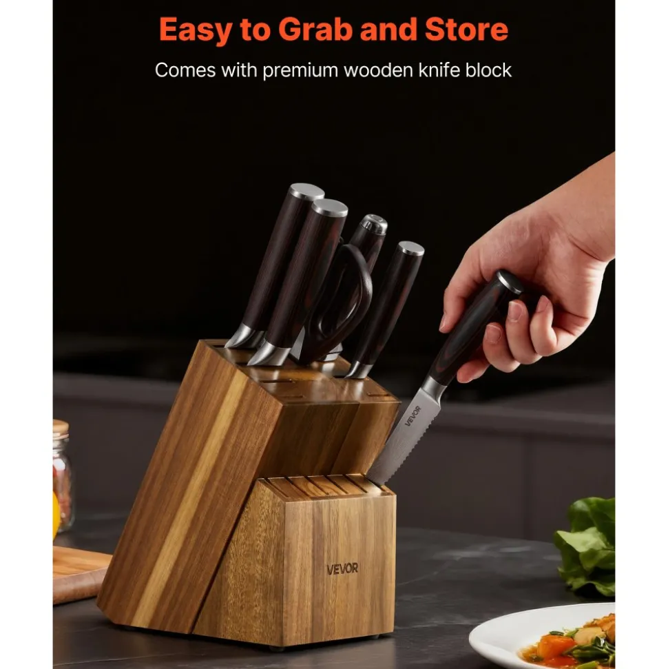 VEVOR Kitchen Knife Set with Block and Sharpener, 15 Piece High Carbon Stainless Steel Knife Set, Rust-Resistant Kitchen Cutlery with Ergonomic Handle, Sharpening Rod & Premium Wooden Block, for Home